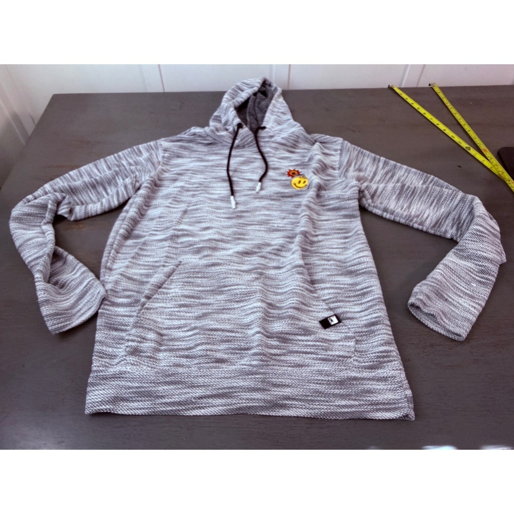 Dikotomy Mens Grey Marl Knit Hoodie Smiley Bomb Patch Pullover Size M